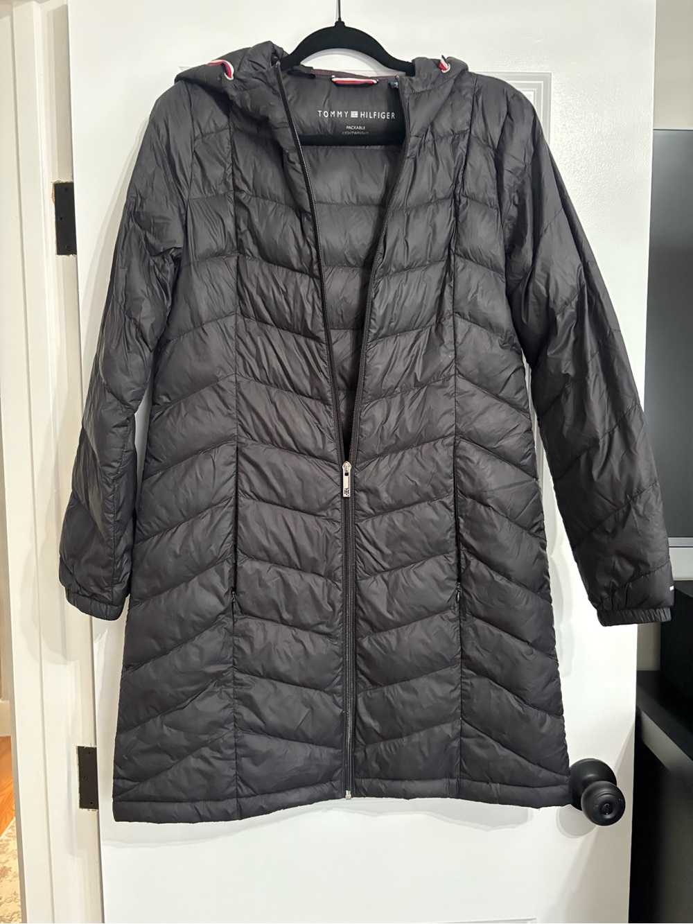Tommy Hilfiger Black Hooded Long Quilted packable Puffer Coat